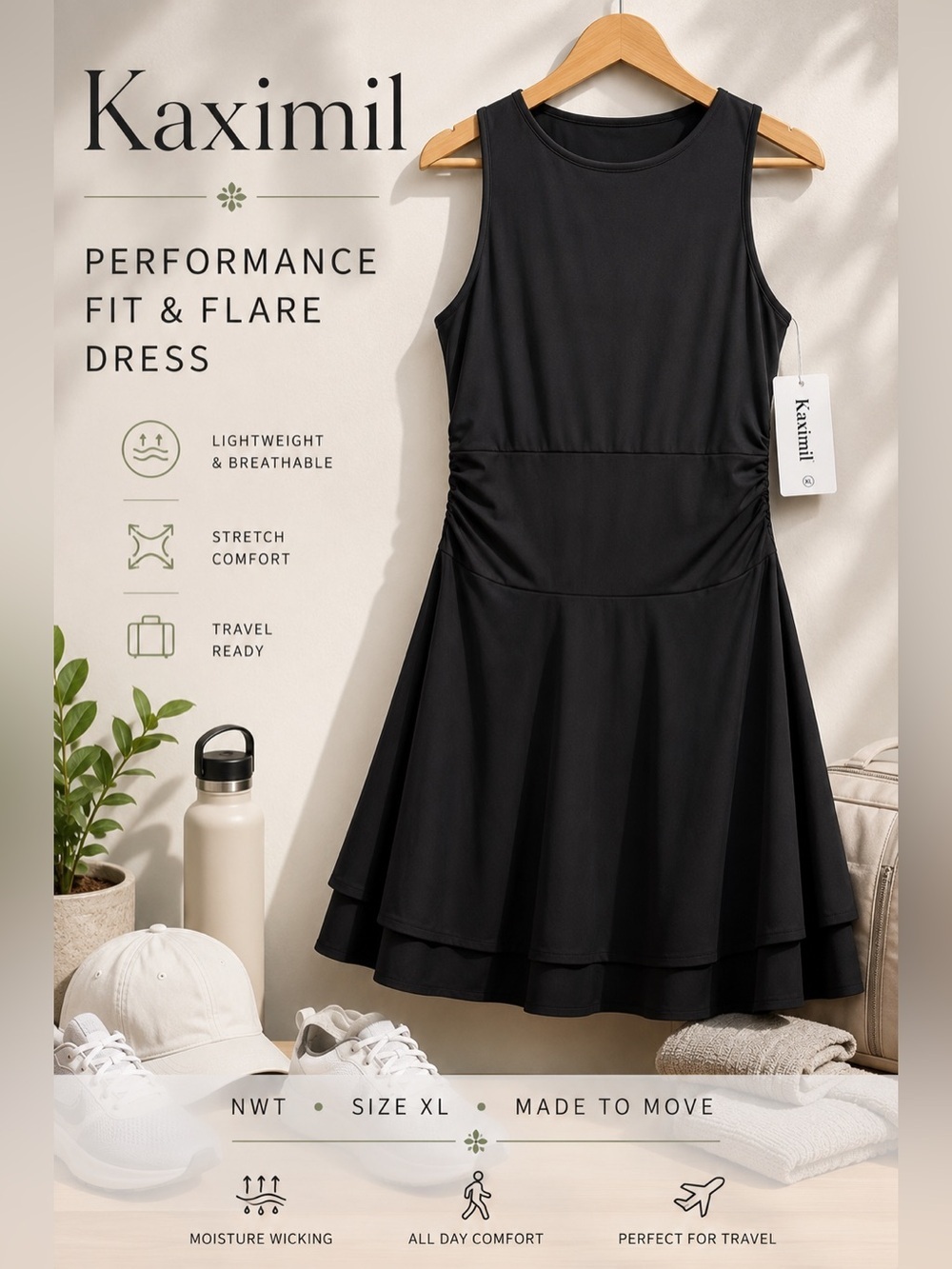 Kaximil Black Performance Fit & Flare Dress NWT Size XL Travel Athleisure